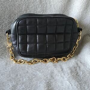 BCBGMAXAZRIA Black Quilted Faux Leather Crossbody Bag w/ Gold Tone Chain